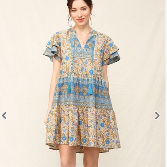 Bohemian Pattern Blue Floral Mini Dress Flutter Sleeves Easter Casual - Picture 1 of 7